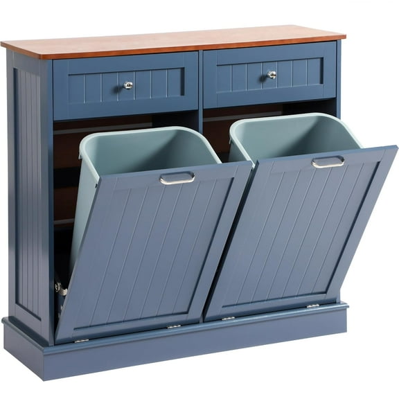 Tilt Out Trash Can Cabinet with Double Hidden Trash Bin Holder, Kitchen Free Standing Recycling Cabinet,Dog Proof Trash Can,Wood, Blue