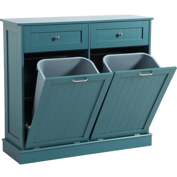 Tilt Out Trash Can Cabinet with Double Hidden Trash Can Holder, Kitchen Free Standing Recycling Cabinet,Dog Proof Trash Can,Wood (Teal)