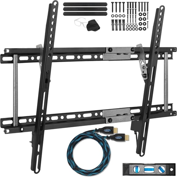 Tilt TV Mount fits 32-86 Inch TVs up to 165lbs Max VESA 600x400mm, with 10ft HDMI Cable, Universal Flat Wall Mount Bracket, fits 16-24" Studs, Ultra Low 1.3" Profile Adjusts to 15 Degree Tilt