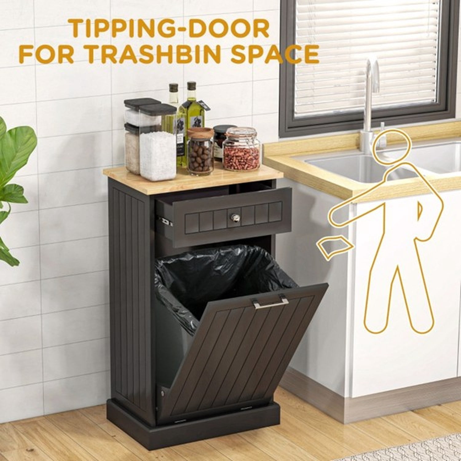 Tilt Out Trash Bin Cabinet with Drawer, Free Standing Recycling Can Holder, MDF and Wood, 20 in W x 13.25 in D x 35.5 in H, for Kitchen, Hallway, Laundry Room