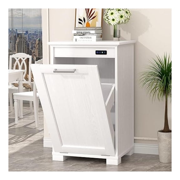 Tilt Out Trash Cabinet, 10-Gallon Trash Can Cabinet with Deodorising Function, Wooden Freestanding Garbage Can for Home and Kitchen Laundry Hamper, White