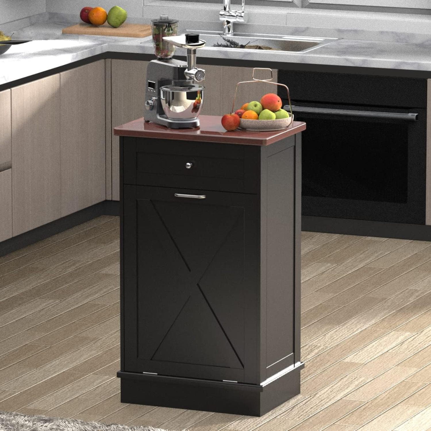 Double Tilt-Out Trash Cabinet - 10 Gallon Capacity, Free Standing, With Hideaway Drawer, White
