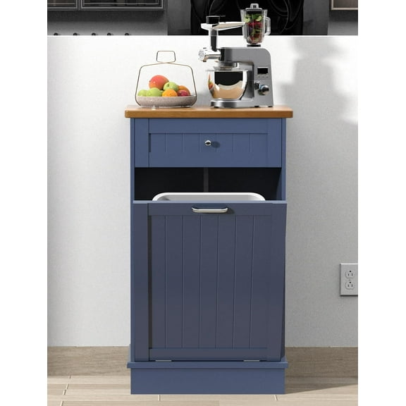 Tilt Out Trash Cabinet,Antique-Style Beadboard Kitchen Island with Solid Wood Tabletop & Drawer, Pet Proof Trash Can, Wood Laundry Cabinet (Blue, Single Dooor)