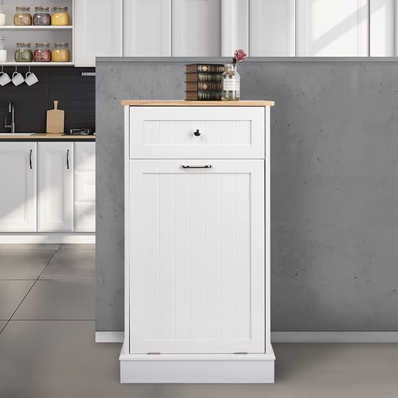 TOLEAD Tilt Out Trash Cabinet,Antique-Style Beadboard Kitchen Island with Solid Wood Tabletop & Drawer, Proof Trash Can, Wood Laundry Cabinet (White, Single Dooor)