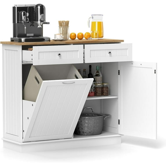 Tilt Out Trash Cabinet, Kitchen Island with 2 Drawers & Adjustable Shelf, Rubber Wood Countertop, Freestanding Laundry Hamper, Recycle Bins Pet Proof Garbage Can Holder (White)