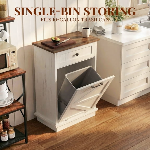 Tilt Out Trash Can Cabinet, 10-Gallon Farmhouse Hidden Garbage Cabinet with Drawer, Dog Proof Wooden Trash Storage Cabinet for Kitchen, Laundry, Living Room, Office