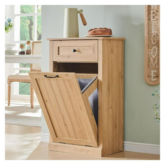 Tilt Out Trash Can Cabinet, 10 Gallon Farmhouse Laundry Hamper Cabinet with Drawer, Wooden Trash Garbage Can Bin with Storage Basket for Kitchen, Living Room (Natural)