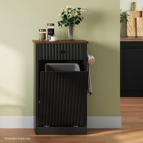 Tilt Out Trash Can Cabinet, 10 Gallon Fluted Laundry Hamper Cabinet with Drawers, Freestanding Black Trash Cabinet, Wooden Hidden Garbage Can Cabinets for Kitchen, Living Room, Without Bin or Laundry
