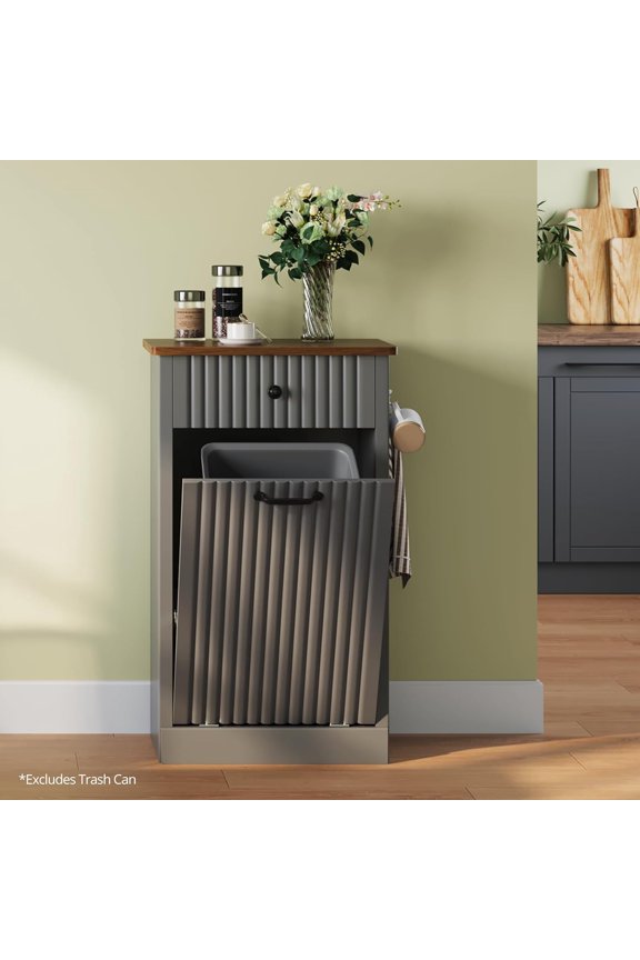 Tilt Out Trash Can Cabinet, 10 Gallon Fluted Laundry Hamper Cabinet with Drawers, Freestanding Grey Trash Cabinet, Wooden Hidden Garbage Can Cabinets for Kitchen, Living Room, Without Bin or Laundry
