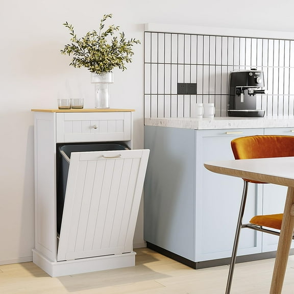 Tilt Out Trash Can Cabinet, 10 Gallon Freestanding Kitchen Trash Can Holder with Hideaway Drawer & Cutting Board, Pet Proof Hidden Garbage Recycling Cabinet Laundry Hamper, White