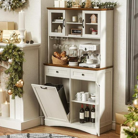 Tilt Out Trash Can Cabinet 13 Gallon, Kitchen Pantry Cabinet with Adjustable Shelves and 2 Hideaway Drawers, Wooden Freestanding Recycling Cabinets for Kitchen Living Room Dining Room