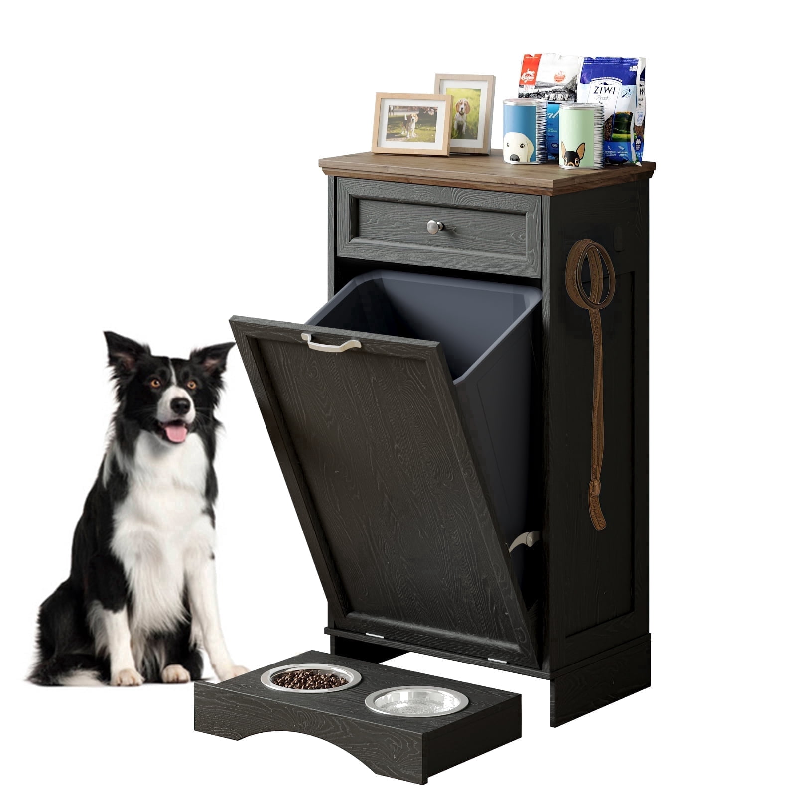 Tilt Out Trash Can Cabinet with Dog Bowl, 10 Gallons Dog Feeding Station with Storage, Dog Food Cabinet with Hideaway Drawer for Kitchen, Living Room,Laundry Room