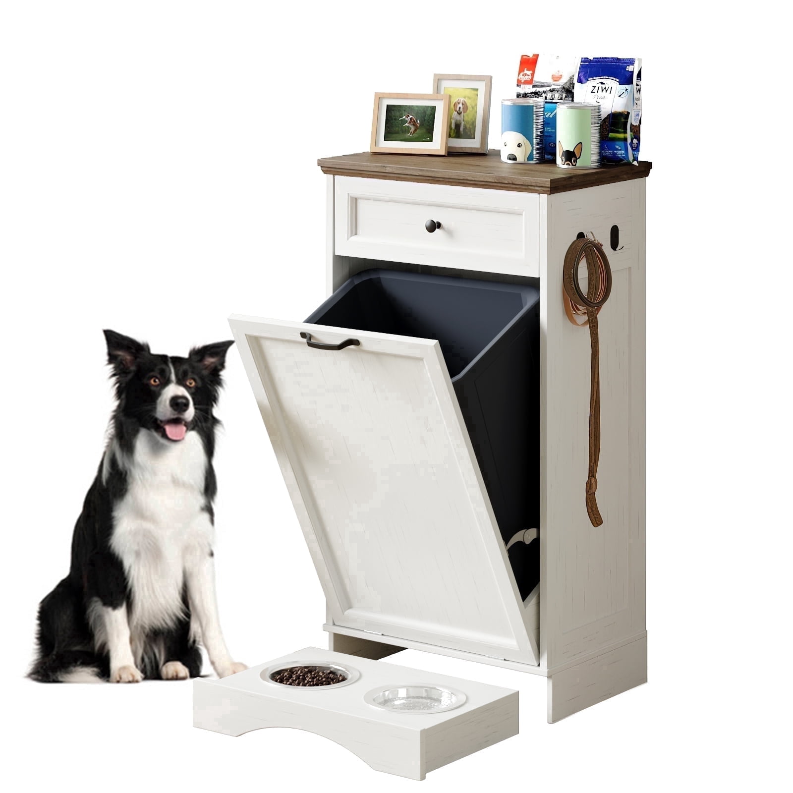 Furnivio Tilt Out Trash Can Cabinet with Dog Bowl, 10 Gallons Dog Food Storage Cabinet, Hidden Trash Can with Hideaway Drawer for Kitchen/Living Room