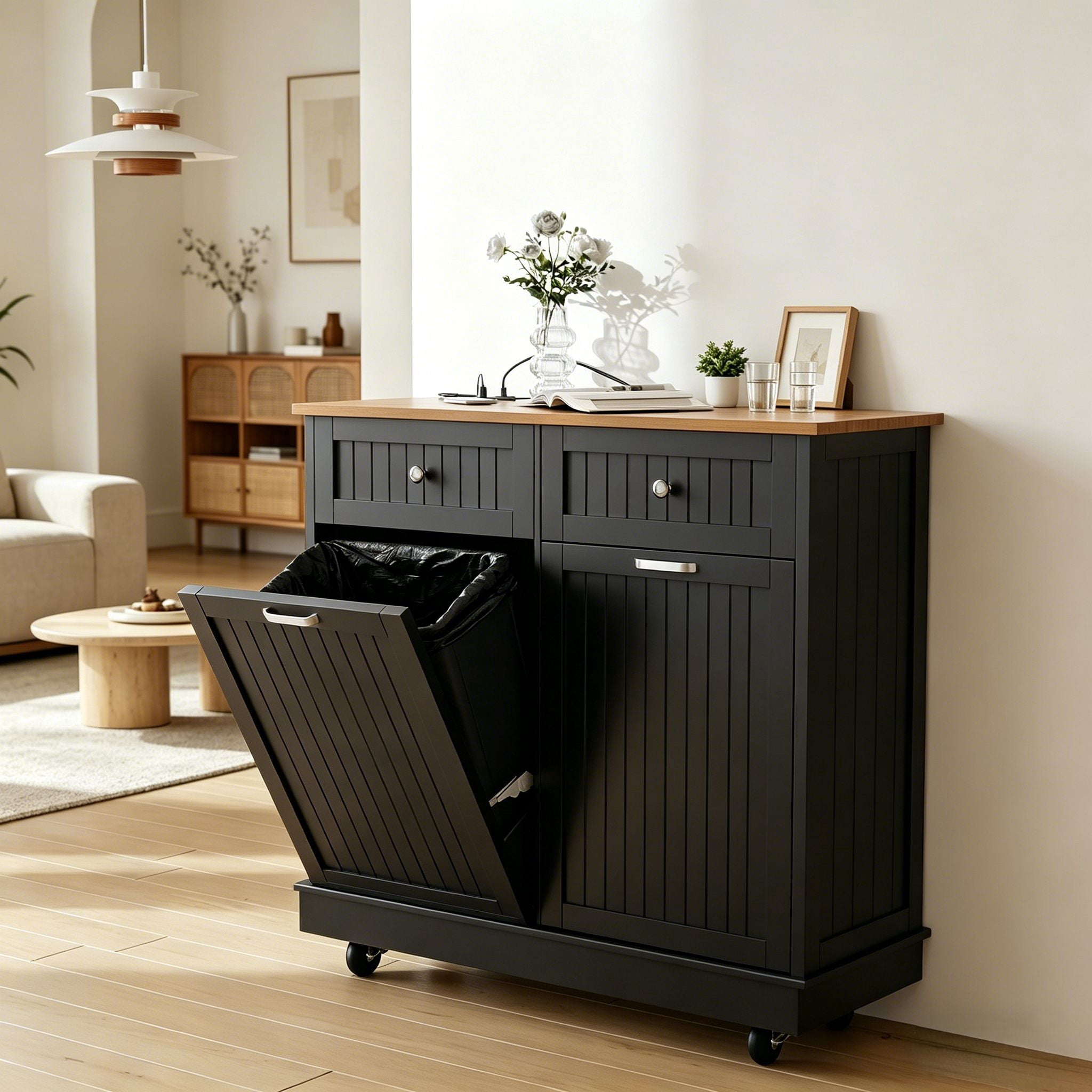 JassmiPkwy Double Trash Cabinet Tilt-Out,20 Gallon Farmhouse Laundry Hamper Cabinet w/2 Drawers,Hidden Wooden Trash Can Cabinets with Storage Basket for Kitchen-Black
