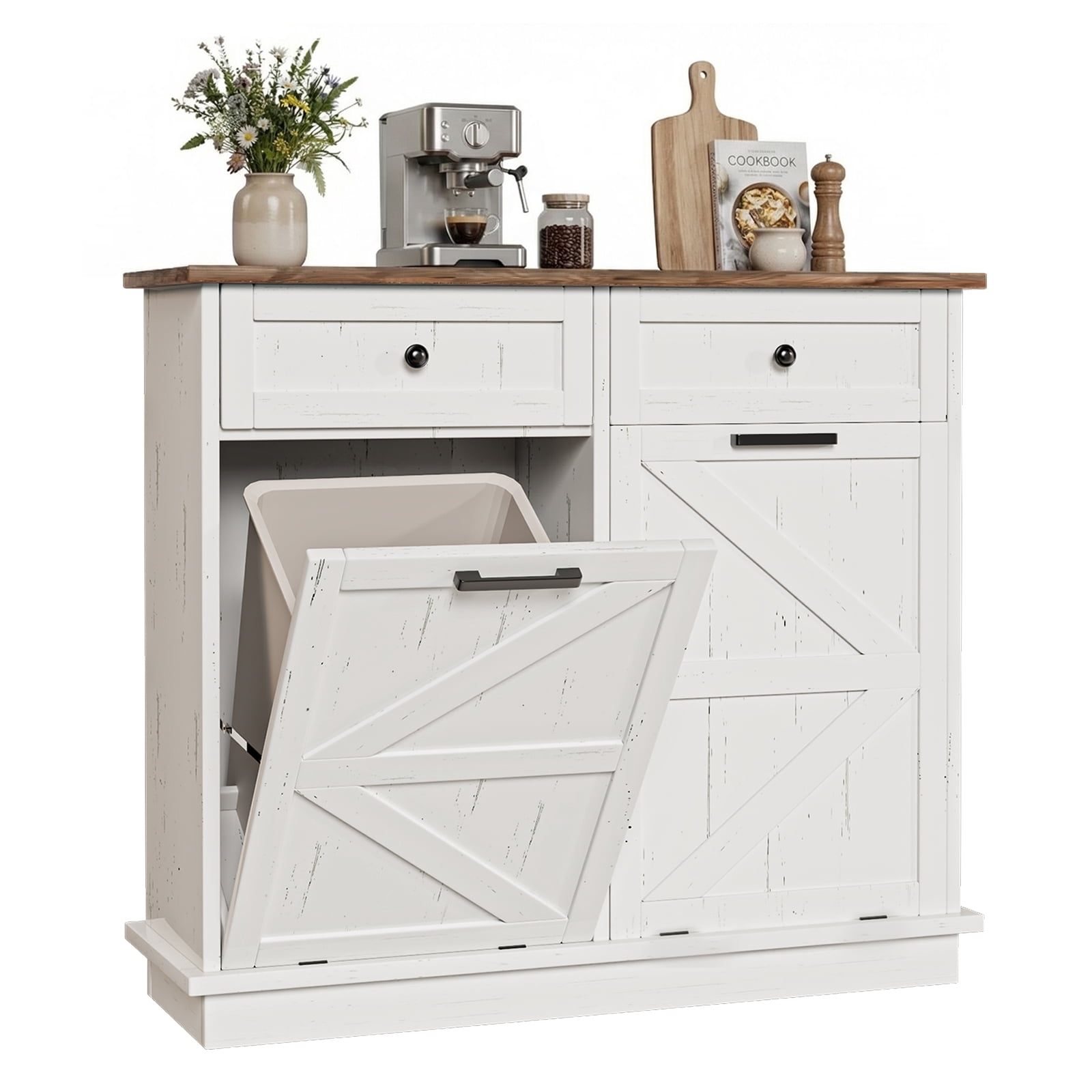 Tilt Out Trash Can Cabinet for Kitchen, Double 10-Gallon Hidden Trash Cabinet with Drawer, Farmhouse Wooden Garbage Cabinet, Dog Proof Trash Can Storage for Kitchen Laundry Living Room Office
