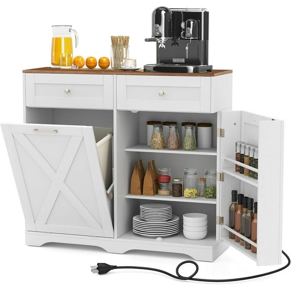Tilt Out Trash Can Cabinet, Kitchen Island with Power Outlet, 2 Drawers, Adjustable Shelves, Barn Door, Hidden Laundry Hamper, Wooden Sideboard Buffet Cabinet with Storage (White)