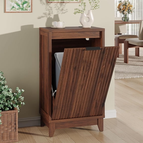 Tilt Out Trash Can Cabinet with Odor Control, Fluted Trash Cabinet 13 Gallon Hidden Bin Storage, Modern Kitchen Cabinet with Soft-Close Door, Laundry Hamper Cabinet for Bathroom