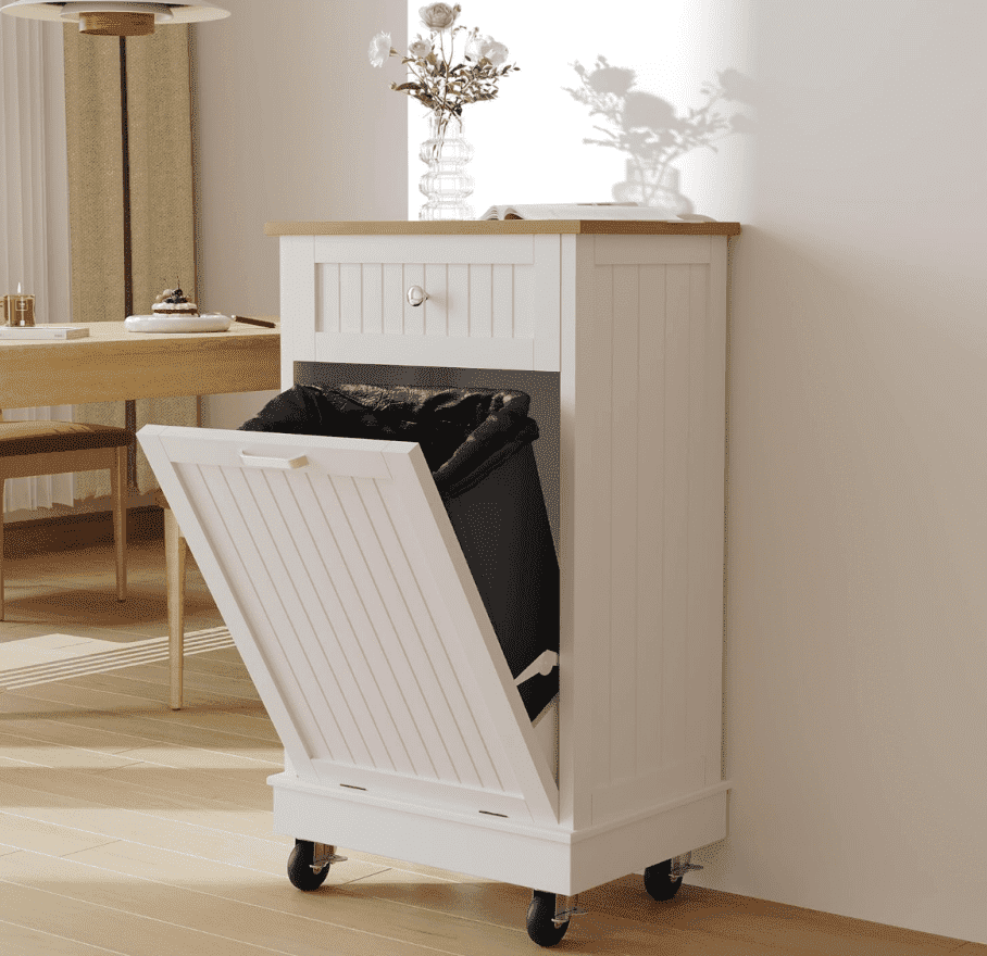 JassmiPkwy Trash Cabinet Tilt-Out,10 Gallon Farmhouse Laundry Hamper Cabinet w/1 Drawers,Hidden Wooden Trash Can Cabinets with Storage Basket for Kitchen-White