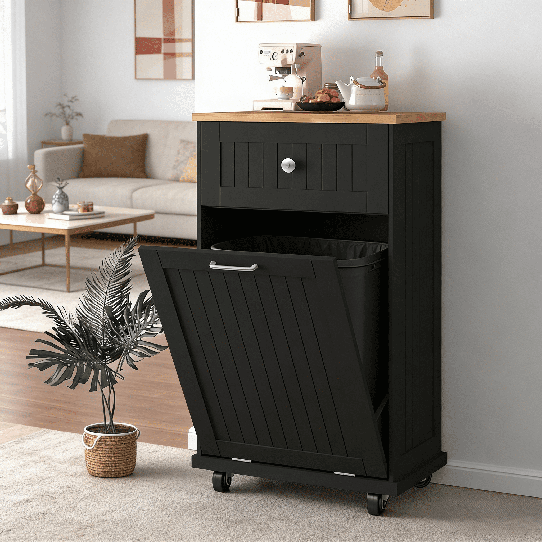 JassmiPkwy Trash Cabinet Tilt-Out,10 Gallon Farmhouse Laundry Hamper Cabinet w/1 Drawers,Hidden Wooden Trash Can Cabinets with Storage Basket for Kitchen-Balck