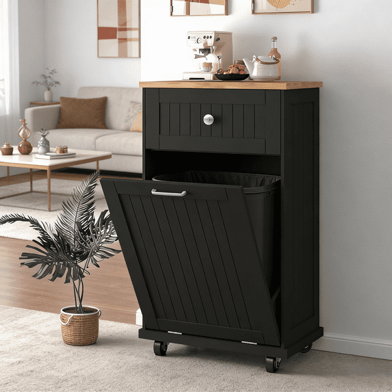 JassmiPkwy Trash Cabinet Tilt-Out,10 Gallon Farmhouse Laundry Hamper Cabinet w/1 Drawers,Hidden Wooden Trash Can Cabinets with Storage Basket for Kitchen-Balck