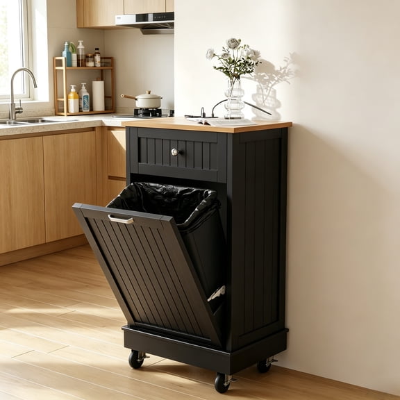 JassmiPkwy Trash Cabinet Tilt-Out,10 Gallon Farmhouse Laundry Hamper Cabinet w/1 Drawers,Hidden Wooden Trash Can Cabinets with Storage Basket for Kitchen-Balck