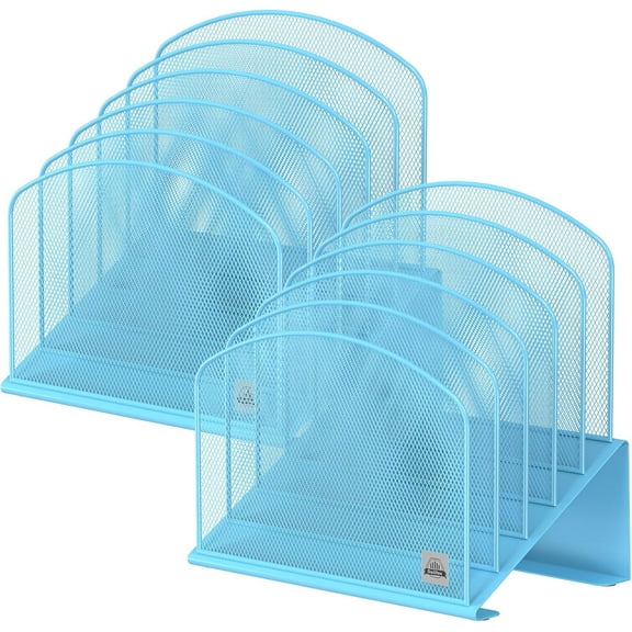 Tilt-down desktop file organizer, 5-compartment vertical file folder holder, metal frame file sorter, suitable for office and classroom desktop organization.