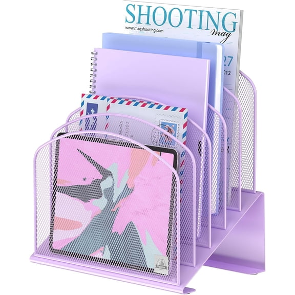 Tilt-down desktop file organizer, vertical file folder holder, metal frame file sorter, suitable for office and classroom desktop organization.