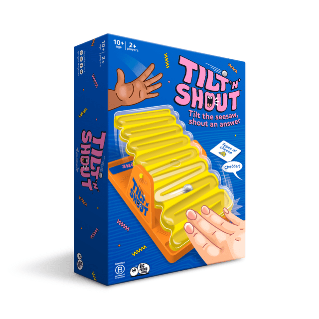 Big Potato Games Tilt n Shout Board Game, Fast Action-Trivia Party Game with Seesaw Marble-Run Timer, 2+ Players, 20-Min Play, Ages 10+