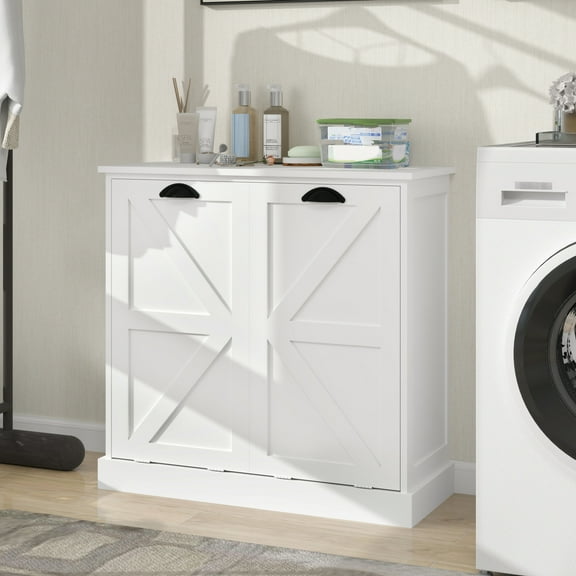 Tilt-out Laundry Cabinet - White. Modern & Elegant Look. Removable Fabric Bags. E1 , Finish. Waterproof Coating. Stable Secure. . Easy To Assemble. 100-pound Capacity White Sorter With Two Sections.