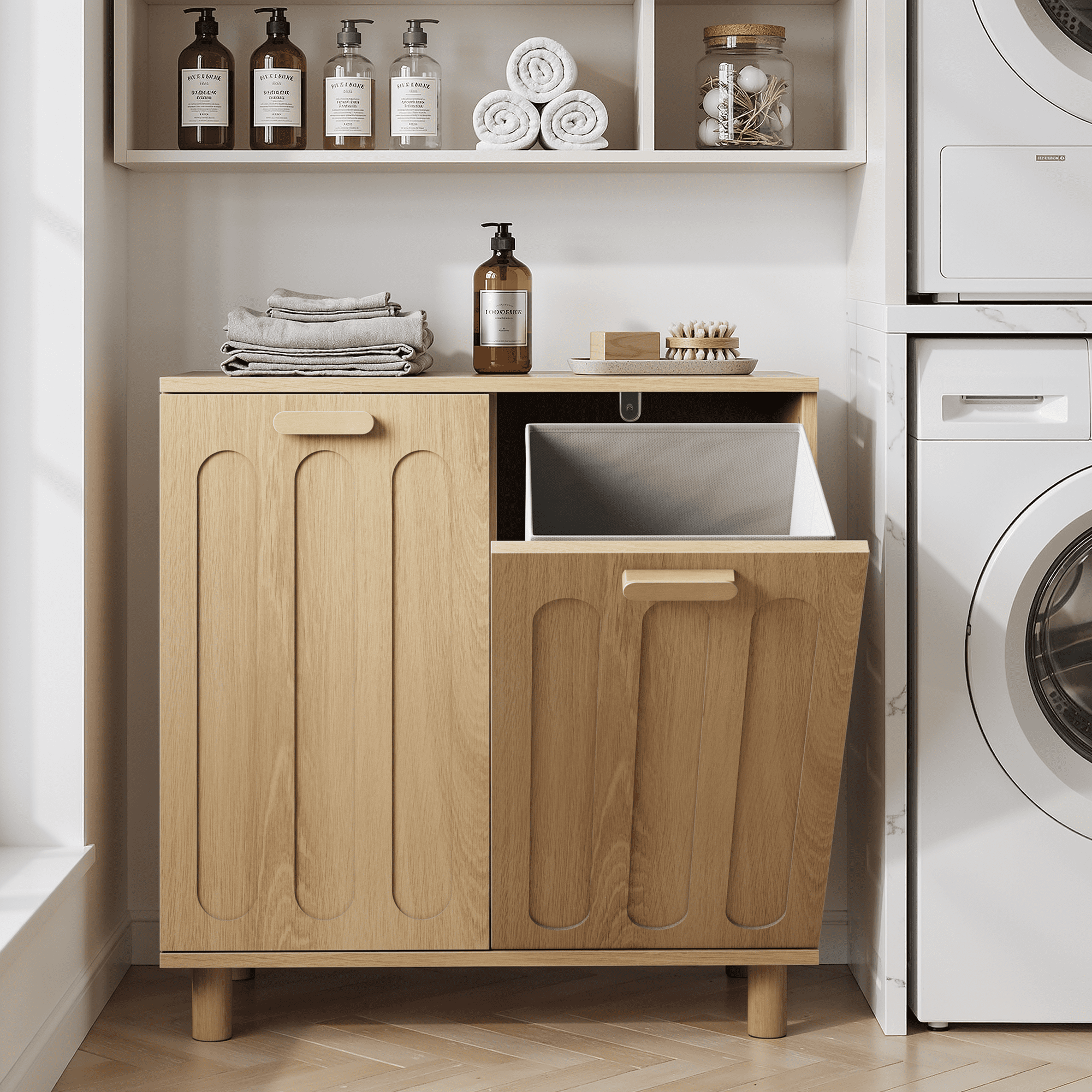 Tilt-out laundry cabinet with removable basket, concealed laundry storage, bathroom laundry storage unit, freestanding home storage rack, oak finish
