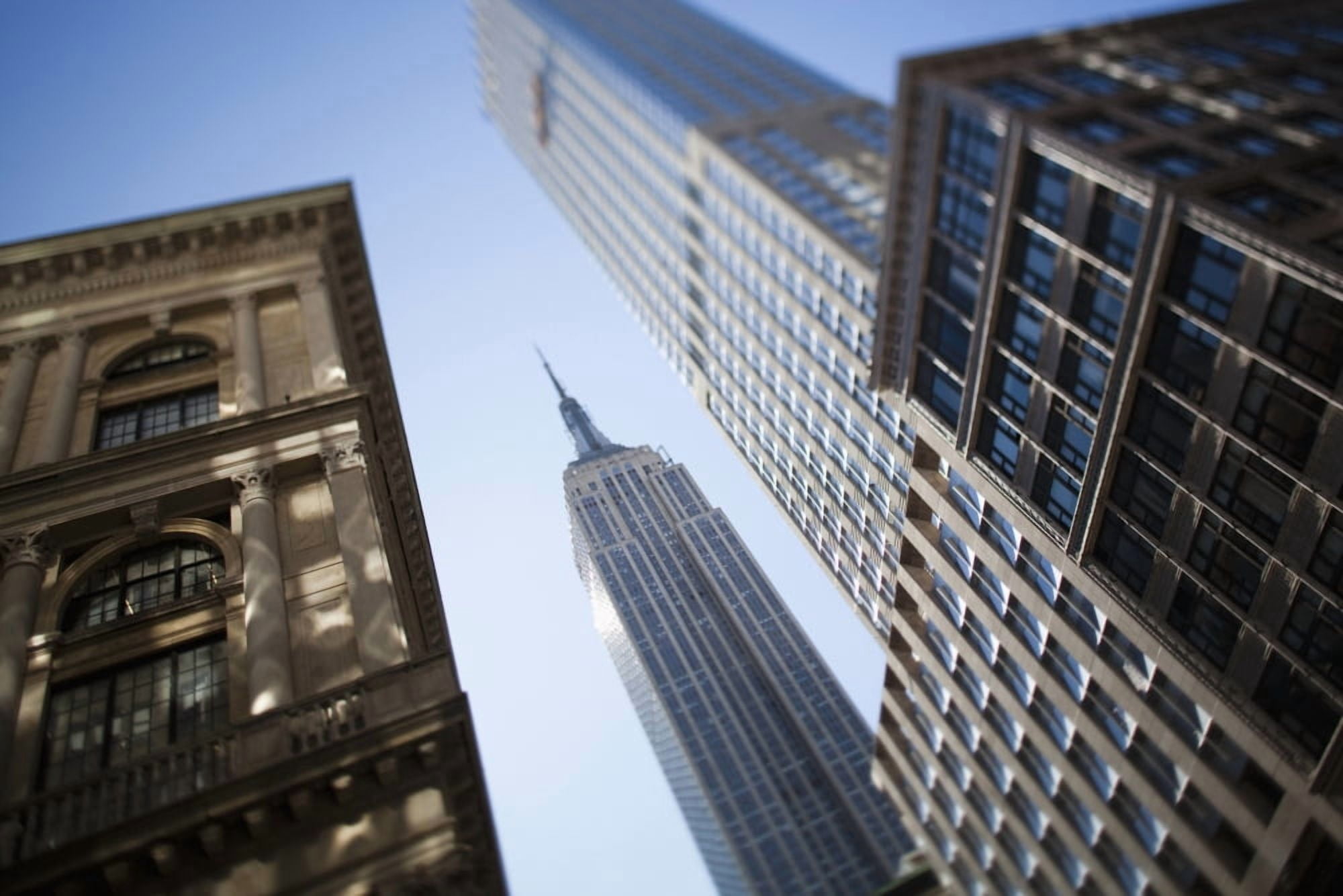 Tilt shift lens image - looking up at Sykscrapers in Manhattan New York USA Canvas Art - Toby Adamson Design Pics (19 x 12)