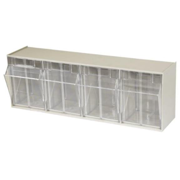 TiltView Plastic Storage Cabinet with 4 Tilt Out Bins Horizontal Plastic Parts Organizer Teacher Toolbox and Office Supply Organizer 23-5/8 W x 8-3/16 H x 6-3/4 D Stone