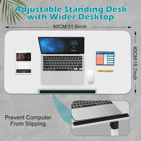 Tiltable Standing Desk Adjustable Height, Portable Foldable Desk with Wheels, Small Rolling Laptop Table, Mobile Sit Stand Computer Desk for Walking Pad, Bike Trainer, White