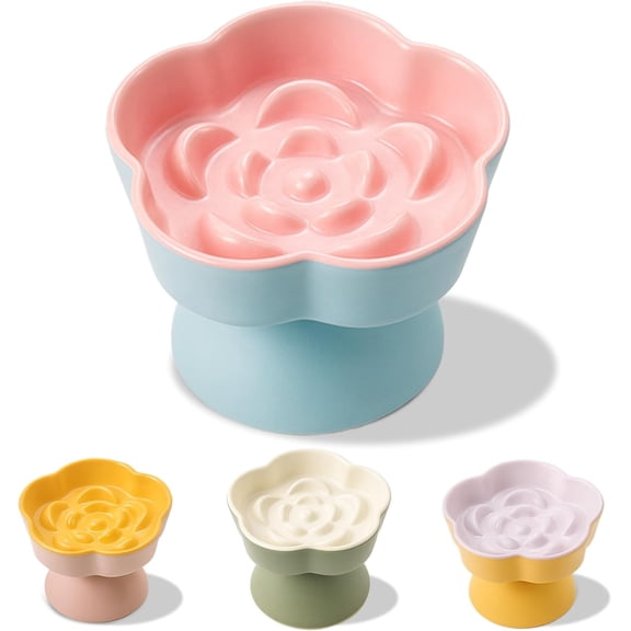 Tilted Cat Bowl, Flower-Shaped Ceramic Slow Feeder Cat Bowl, Raised Pet Bowl for Whisker Relief, Prevents Vomiting & Bloating, Non-Slip Base, Easy to Clean for Dry/Wet Food