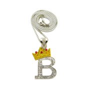 Tilted Crown on Initial B Pendant w/ 24" Chain Necklace - Yellow Crown, 2mm Box Chain, Silver-Tone