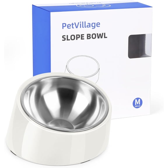 Tilted Dog Bowl Non-Slip & Non-Spill Pet Feeder with Elevated Detachable Melamine Stand, Easy to Get Food Dog Dish, M/180ml White