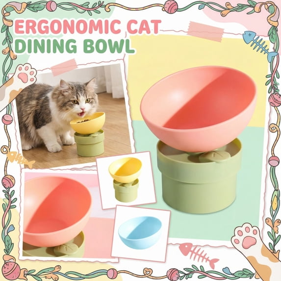 Tilted Elevated Cat Bowl, 15 Degree Angle Pet Food Dish for Neck Strain Relief, Non-Slip Feeding Station with Anti-Tip Base, Plastic Feeder for Cats Kittens Small Dogs (Yellow)