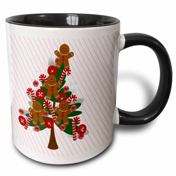 3drose, Tilted Gingerbread Man Christmas Tree, 11oz Two-tone Black Mug