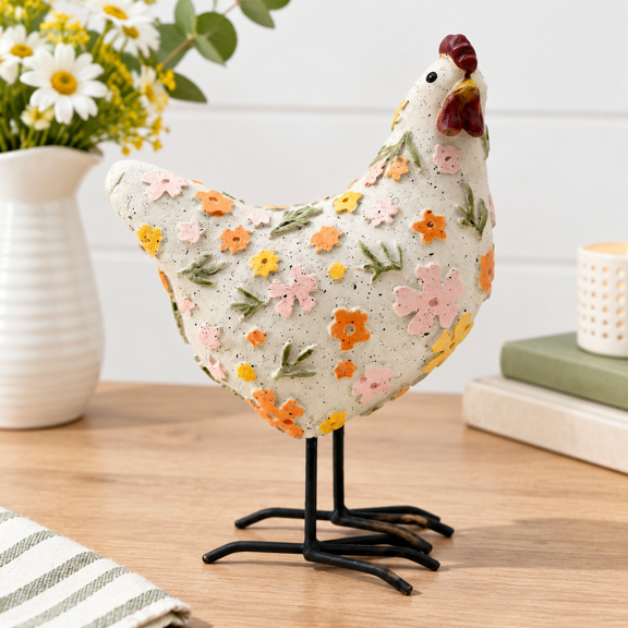 Tilted Head Hand-Painted Farmhouse Hen Figurine Tabletop Decor