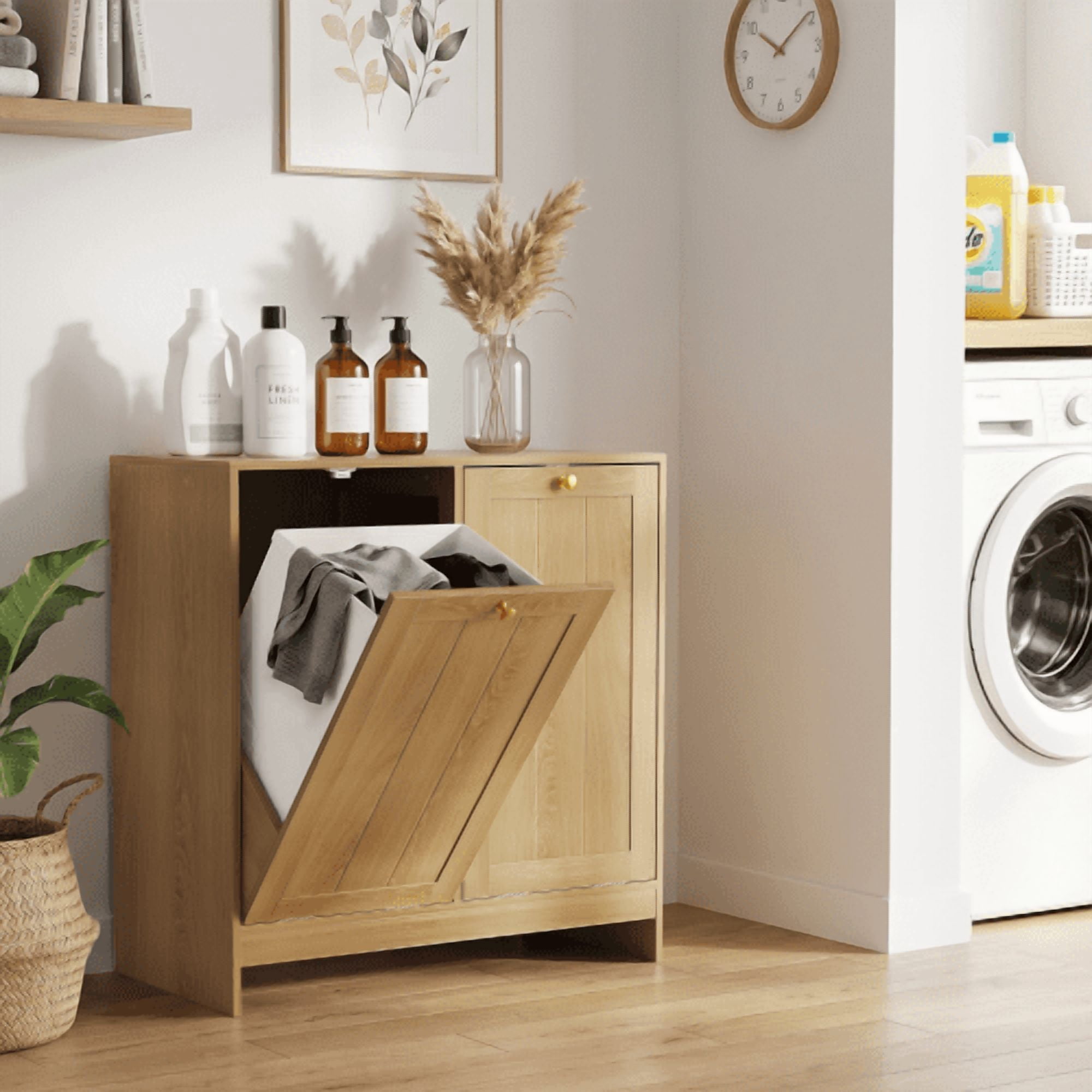 Tilted Laundry Hamper with Removable Baskets, Hidden Laundry Hamper Storage Cabinet, Free-Standing Bathroom Organizer, Oak