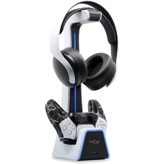 Tilted Nation RGB Headset & Controller Stand with Charging Station  Compatible with PS5, PS4, PC  White Gaming Headphone & Dual Controller Holder for Desk Setup