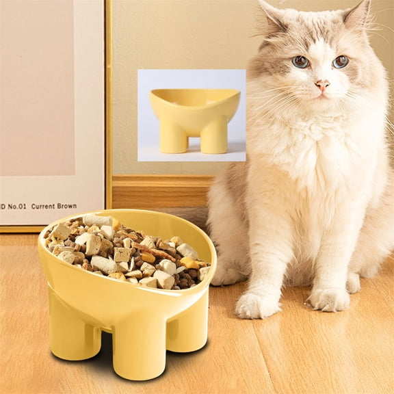 Tilted Raised Posture Cat Food Bowl Neck Protection Anti Vomiting 15 Degree Elevated Slanted Stand Pet Bowls for Cats and Small Dogs(5.5Inch,Yellow)