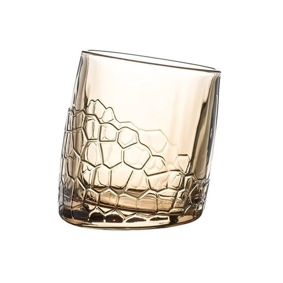 Tilted Rim Embossed Drinking Glasses, 9 Oz Clear Stemless Lead-free Whiskey Glasses for Home, Bar and Party