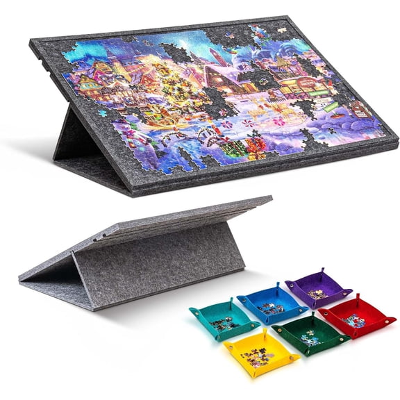 Tilting Jigsaw Puzzle Board with 2-in-1 Stand and Cover, Lightweight Felt Jigsaw Storage Table with 3 Angle Adjustable, 6 Sorting Trays for Puzzle Up to 1000 count (Gray)