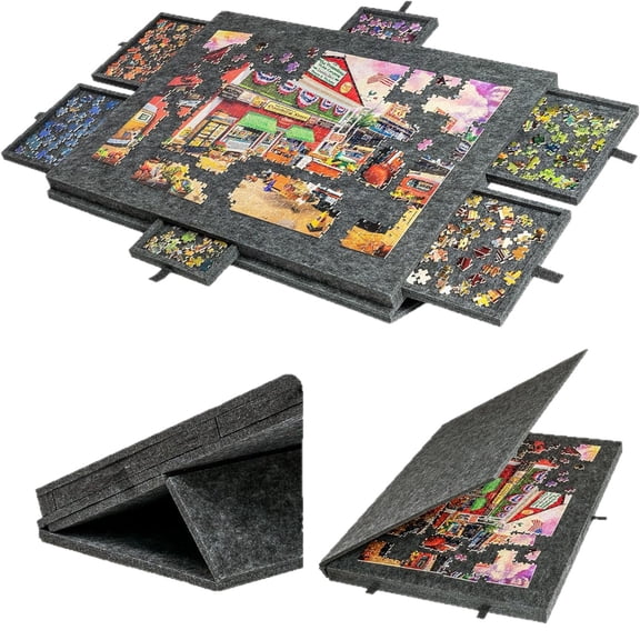 Tilting Puzzle Table for Adults, 2-in-1 Portable Board with Stand & 6 Drawers, Felt Storage, Holds 1000 Pieces - Gray
