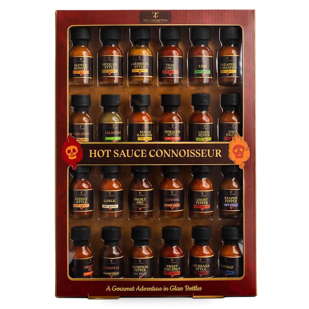 Tilz, Hot Sauce Gift Sets |24 Hot Sauce Bottles, Sampler, Chilli Sauce, Food Gifts For Men |Sriracha, Jalapenos, Garlic, Cayenne Pepper, ⁠Scotch Bonne, ⁠BBQ, Chipotle | Gifts for Men, Women