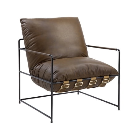 Tim 32 Inch Accent Chair Top Grain Leather Seat Metal Frame Brown - Saltoro Sherpi