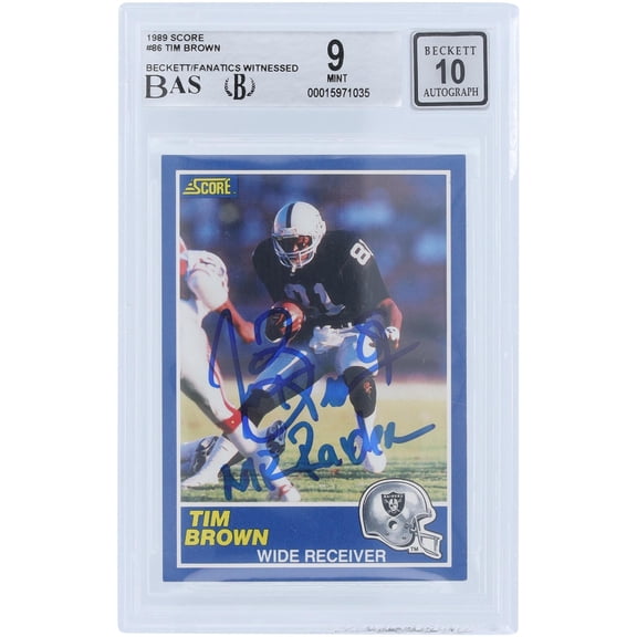 Tim Brown Los Angeles Raiders Autographed 1989 Score Series 1 #86 Beckett Fanatics Witnessed Authenticated 9/10 Rookie Card with "Mr. Raider" Inscription - Fanatics Authentic Certified