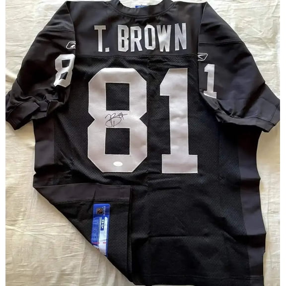 Tim Brown signed Raiders Reebok black game model jersey JSA