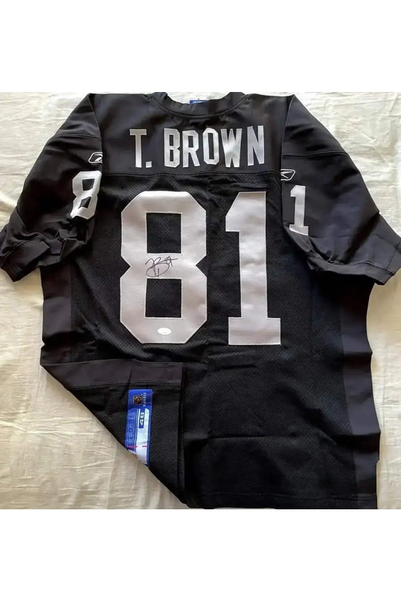 Tim Brown signed Raiders Reebok black game model jersey JSA